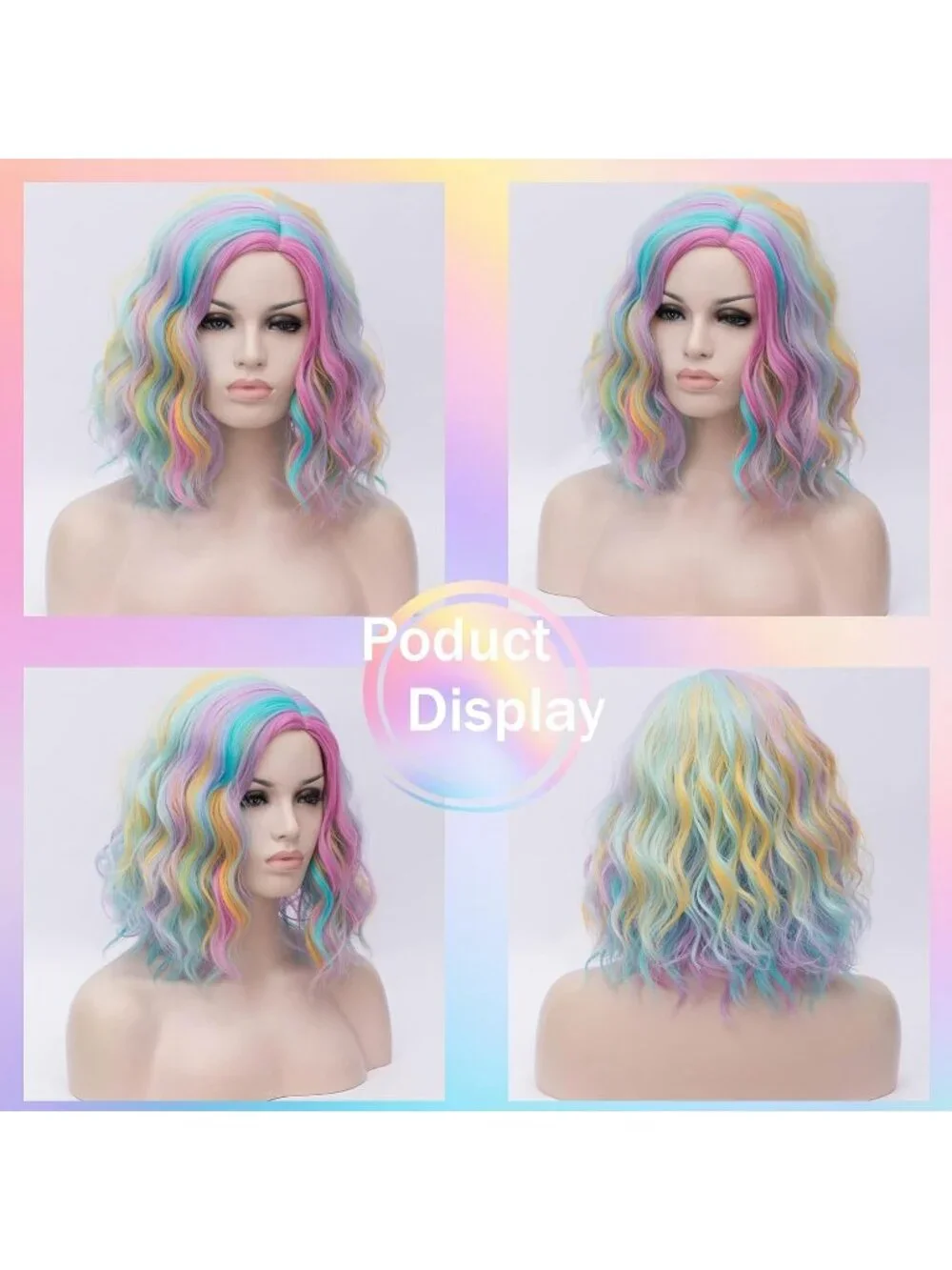Women's 14 Inch Rainbow Wavy Bob Wig Short Curly Synthetic Heat Resistant